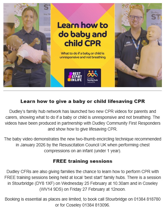 Stourbridge Family Hub - Learn How to do Baby and Child CPR